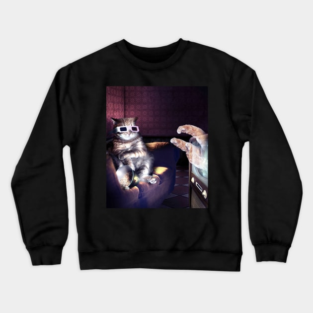 Cat With 3D Glasses Watching 3D Horror Movie Crewneck Sweatshirt by Random Galaxy